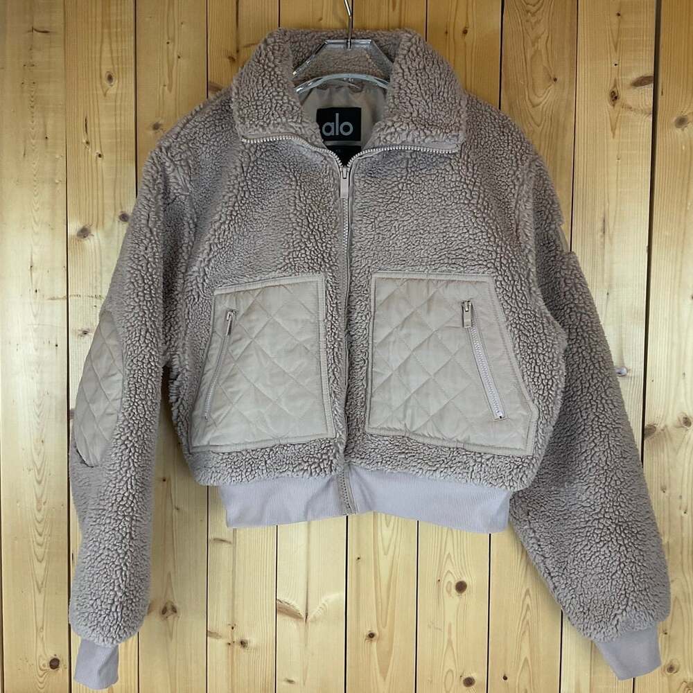 Alo Women's Yoga Sherpa Edge Bomber Jacket - Tan, Size XS
